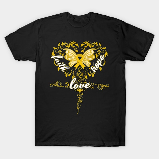 Bone Cancer Awareness Faith Hope Love Butterfly Ribbon, In This Family No One Fights Alone T-Shirt by DAN LE